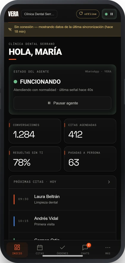 El panel en el móvil sin conexión: una banda avisa de que está mostrando los datos de la última sincronización, de hace 18 minutos.