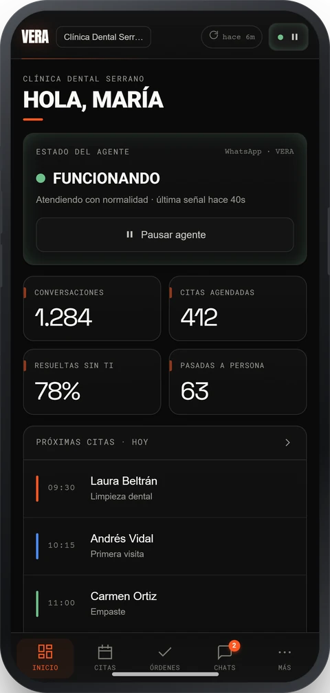 El mismo panel en el móvil: estado del agente funcionando, botón para pausarlo, las cifras del día y las próximas citas.